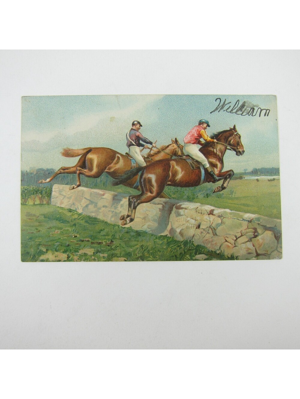 Postcard Horse Race Jockeys Ride Brown Horses Jump Stone Wall Embossed Antique